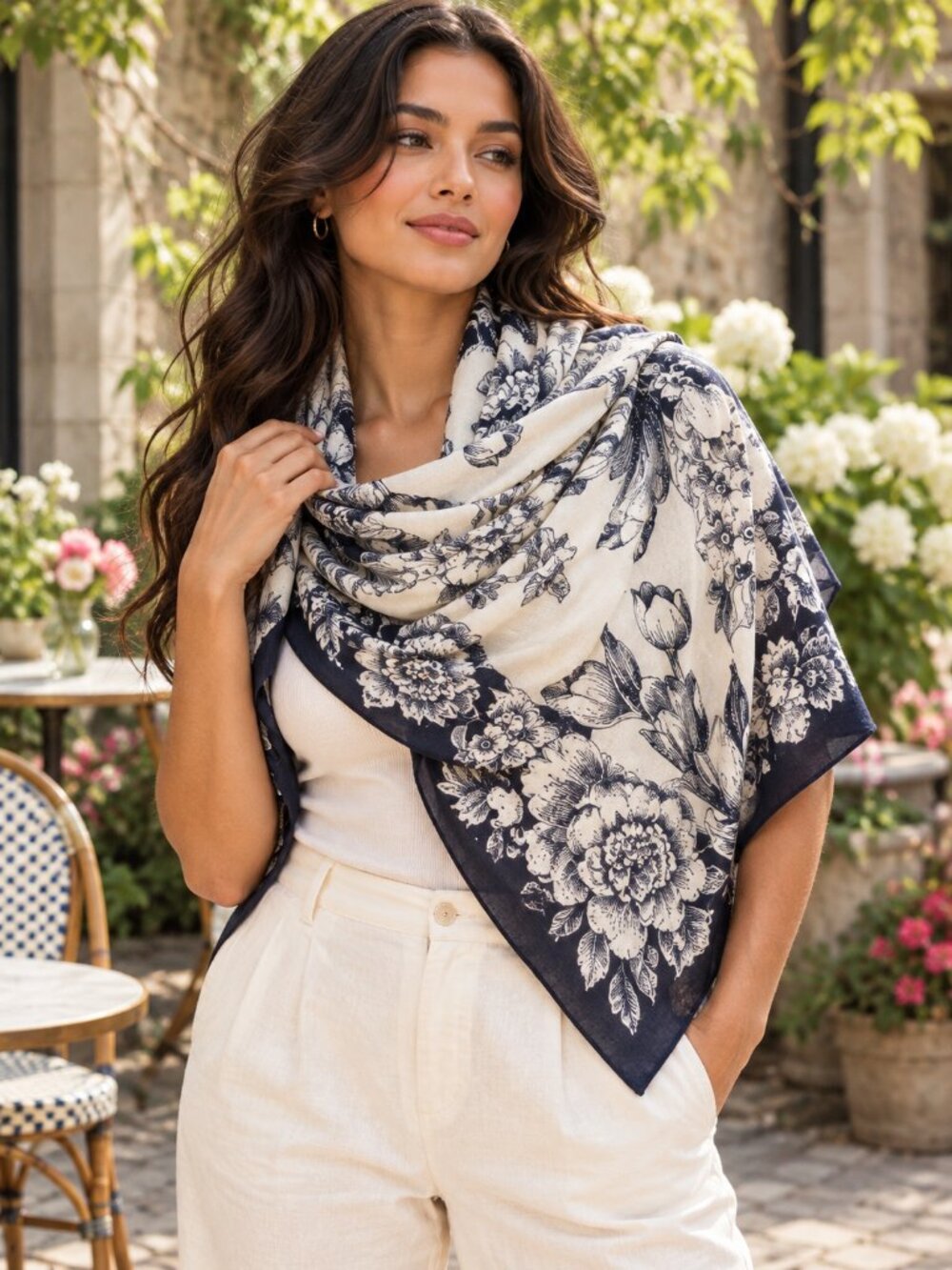 Banana Republic Navy Ivory Floral Oversized Scarf Wrap One Size lightweight
